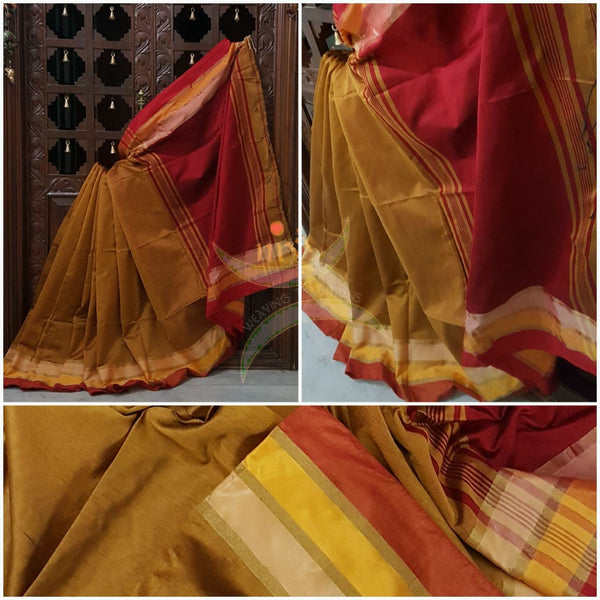 Mustard Bengal Handloom merserised cotton blend saree with contrast multi color border and red  pallu. 
