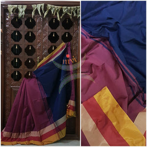 Magenta pink  Bengal Handloom merserised cotton blend saree with contrast multi color border and navy blue pallu. 