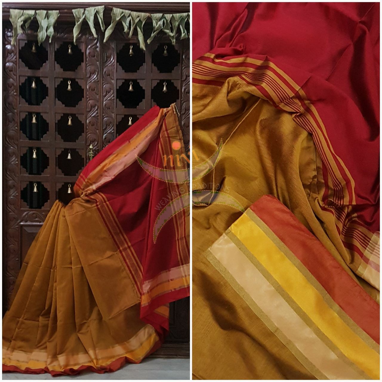 Mustard Bengal Handloom merserised cotton blend saree with contrast multi color border and red  pallu. 