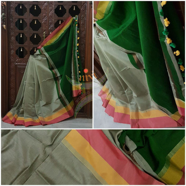 Grey Bengal Handloom merserised cotton blend saree with contrast multi color border and green pallu. 