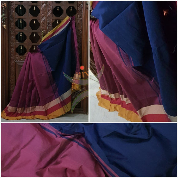 Magenta pink  Bengal Handloom merserised cotton blend saree with contrast multi color border and navy blue pallu. 
