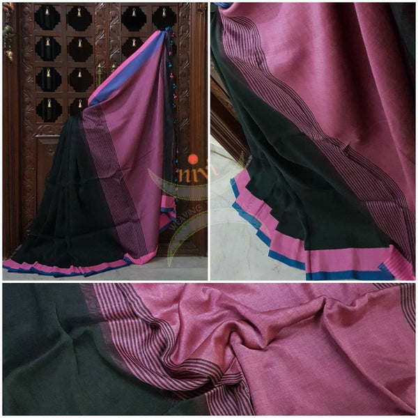 Black Handloom 80s count Linen saree with contrasting pink border and pallu.