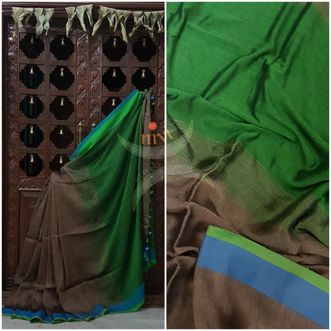 Grey Handloom 80s count Linen saree with contrasting blue green border and green pallu. 