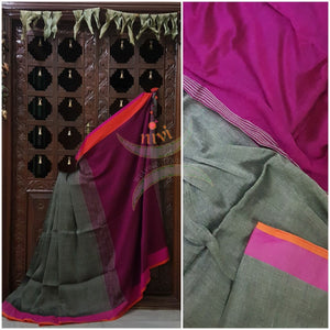 Grey Handloom 80s count Linen saree with contrasting pink orange border and pink pallu. 