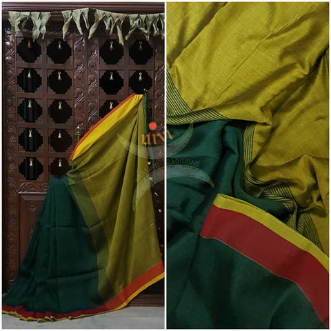 Bottle green Handloom 80s count Linen saree with contrasting green red border and green pallu. 