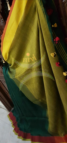 Bottle green Handloom 80s count Linen saree with contrasting green red border and green pallu. 