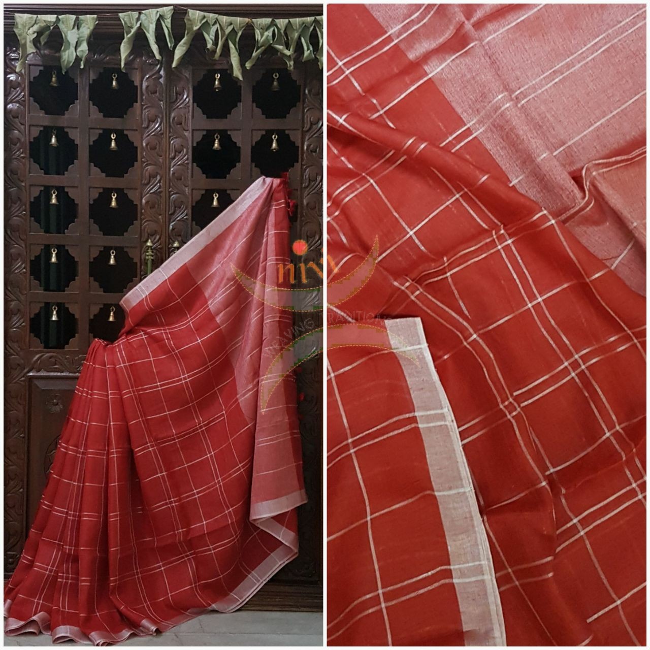 Red Handloom 100s count Linen saree woven with chequered pattern and contrasting silver border and pallu. 