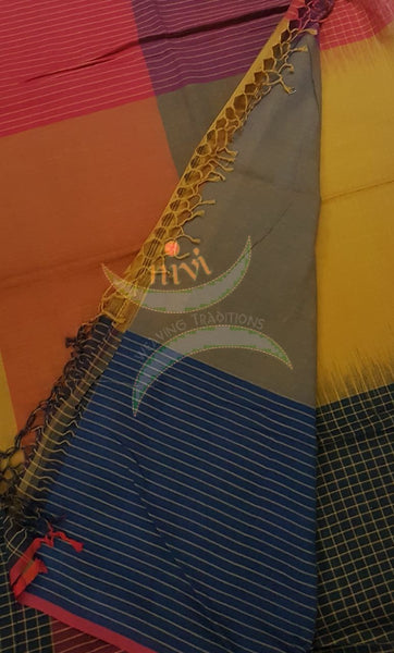 Mustard handloom cotton saree with Ganga jamuna chequared border and a contrast pallu
