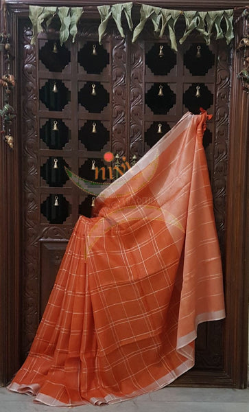 Orange Handloom 100s count Linen saree woven with chequered pattern and contrasting silver border and pallu.