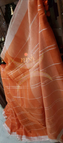 Orange Handloom 100s count Linen saree woven with chequered pattern and contrasting silver border and pallu.
