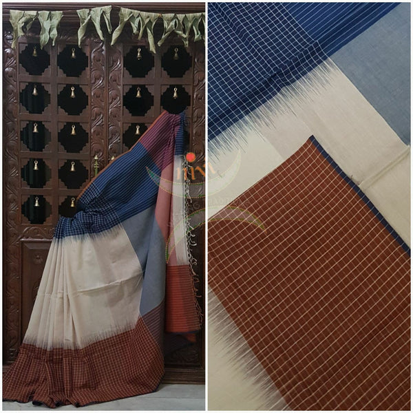 Beige handloom cotton saree with Ganga jamuna chequared border and a contrast pallu