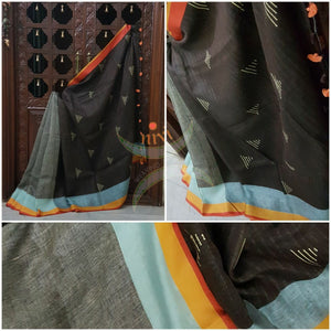Grey with brown Handloom 100s count Linen saree with woven booties on the pallu and contrasting multi color border.