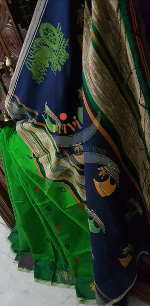 Green with blue handloom cotton with chariot motifs on the border and pallu and booties all over the saree.
