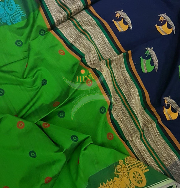 Green with blue handloom cotton with chariot motifs on the border and pallu and booties all over the saree.