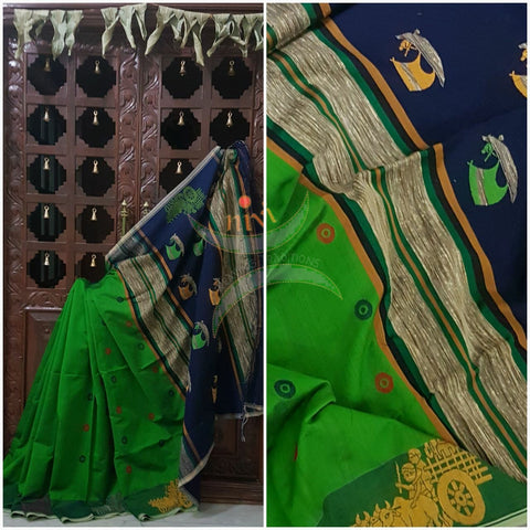 Green with blue handloom cotton with chariot motifs on the border and pallu and booties all over the saree.