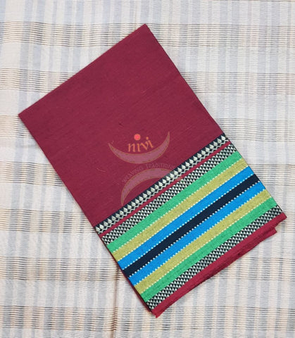 Maroon with green Mangalgiri pure cotton blouse piece with traditional woven border. The blouse comes with 42 inches by  width and length up to 1mt.