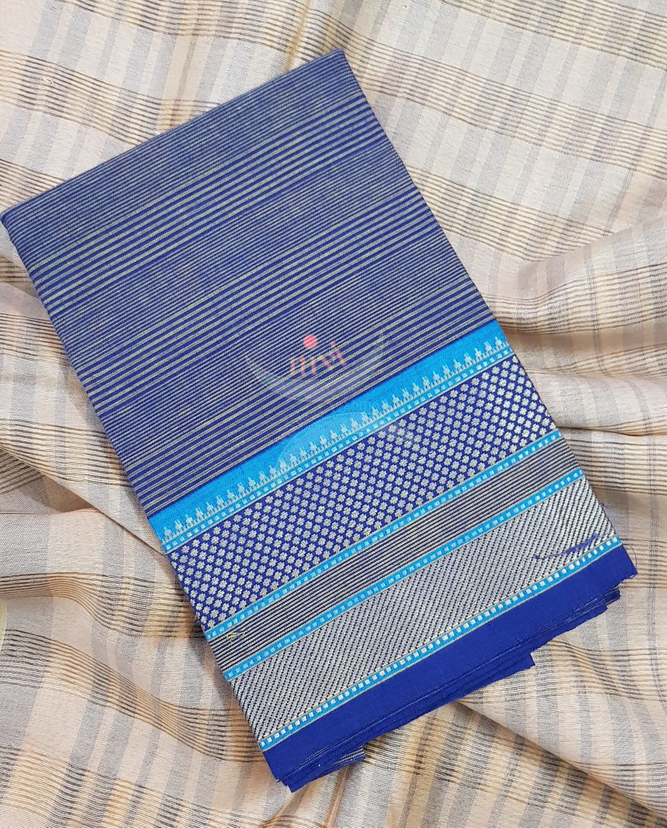 Blue striped Mangalgiri pure cotton blouse piece with traditional woven border. The blouse comes with 42 inches by  width and length up to 1mt.