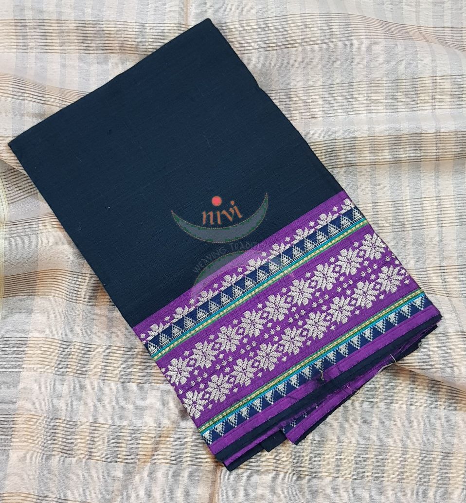 Black with purple Mangalgiri pure cotton blouse piece with traditional woven border. The blouse piece comes with 42 inches by width and length up to 1mt.