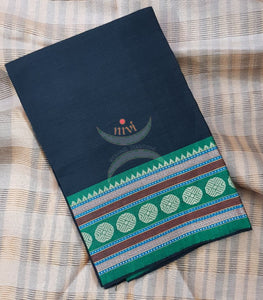Black with green Mangalgiri pure cotton blouse piece with traditional woven border. The blouse piece comes with 42 inches by width and length up to 1mt.