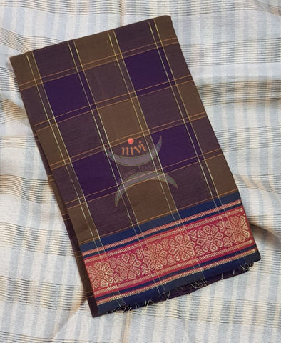 Brown with red chequared Mangalgiri pure cotton blouse piece with traditional woven border. The blouse piece comes with 42 inches by width and length up to 1mt.