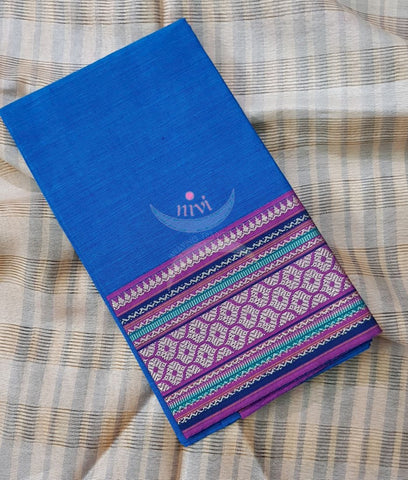 Blue with purple Mangalgiri pure cotton blouse piece with traditional woven border. The blouse piece comes with 42 inches by width and length up to 1mt.