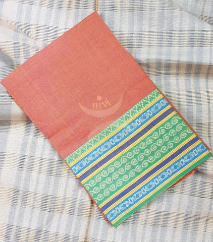 Peach shot orange with green mangalgiri pure cotton blouse piece with traditional woven border. The blouse piece comes with 42 inches by width and length up to 1mt.