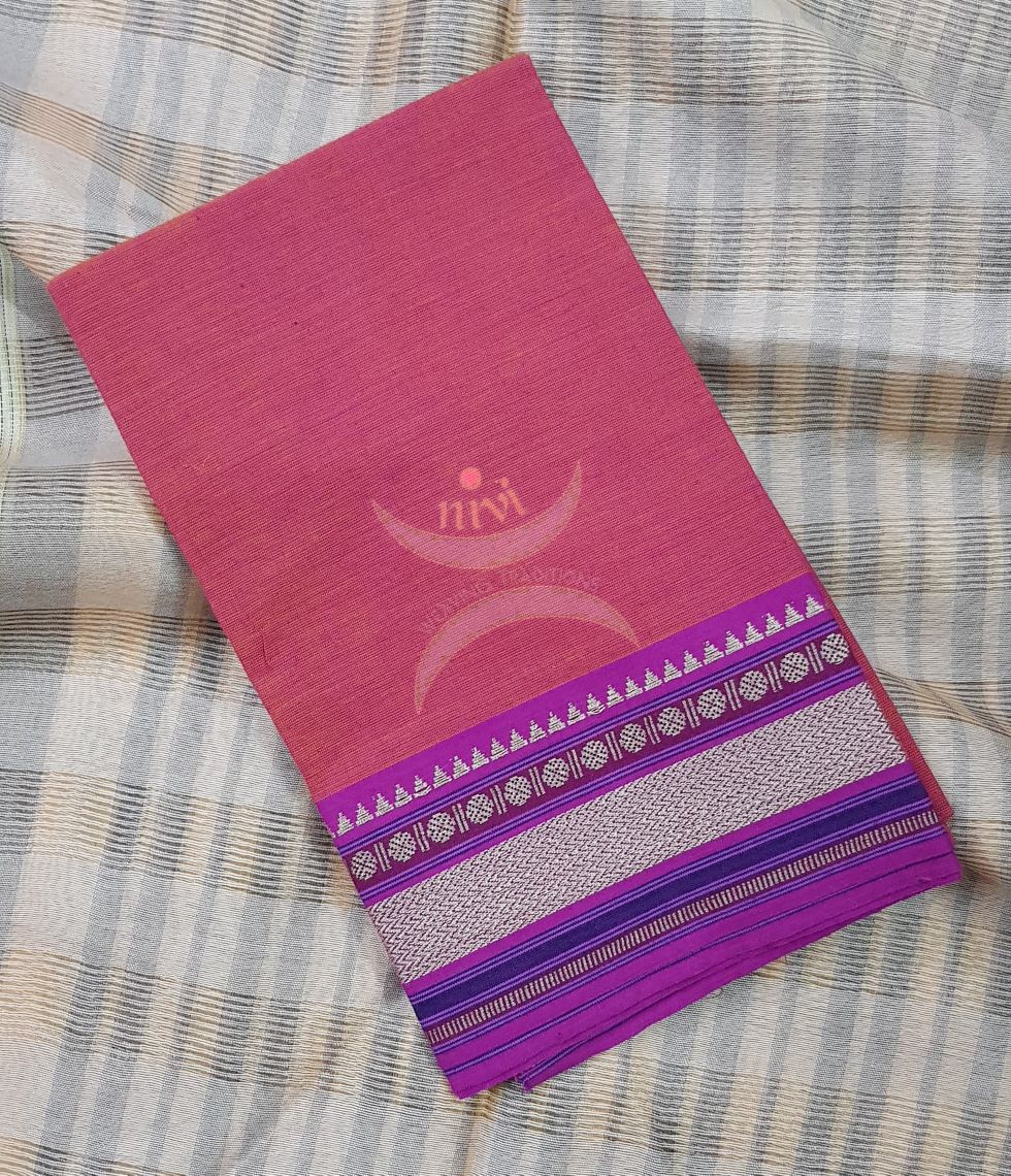 Orange shot pink with purple mangalgiri pure cotton blouse piece with traditional woven border. The blouse piece comes with 42 inches by width and length up to 1mt.