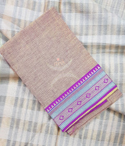 Beige with purple mangalgiri pure cotton blouse piece with traditional woven border. The blouse piece comes with 42 inches by width and length up to 1mt.