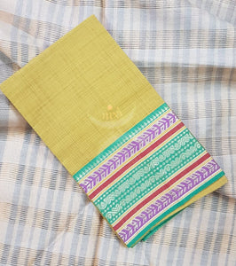 Yellow with green Mangalgiri pure cotton blouse piece with traditional woven border. The blouse piece comes with 42 inches by width and length up to 1mt.