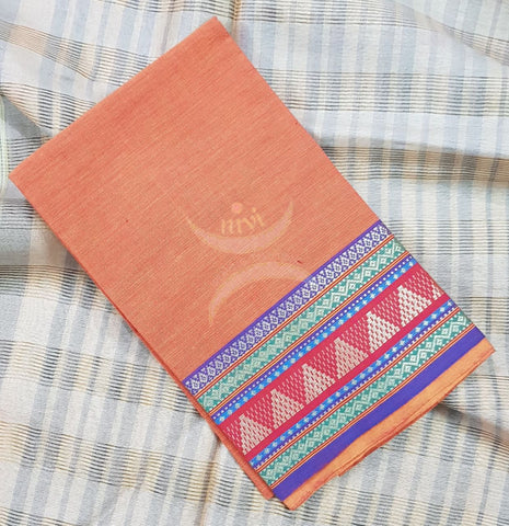 Peach shot orange with purple Mangalgiri pure cotton blouse piece with traditional woven border. The blouse piece comes with 42 inches by width and length up to 1mt.