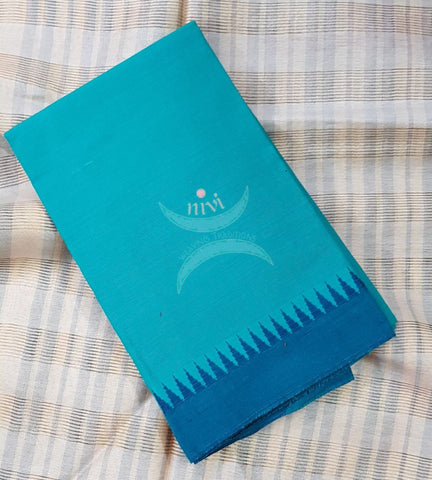 Blue with navy blue Mangalgiri pure cotton blouse piece with traditional woven border. The blouse piece comes with 42 inches by width and length up to 1mt.