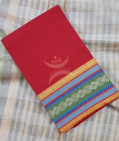 Red with mustard Mangalgiri pure cotton blouse piece with traditional woven border. The blouse piece comes with 42 inches by width and length up to 1mt.
