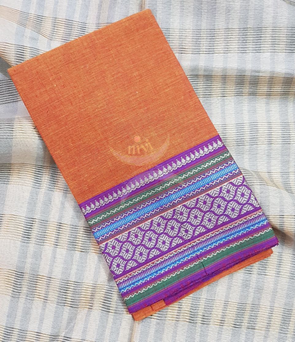 Orange with purple Mangalgiri pure cotton blouse piece with traditional woven border. The blouse piece comes with 42 inches by width and length up to 1mt.