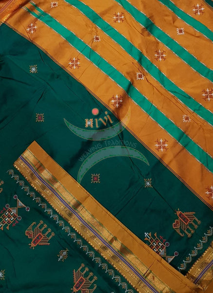 Bottle green with mustard border and pallu silk cotton kasuti embroidered Ilkal with Anne ambari  motif and traditional tope teni pallu . 