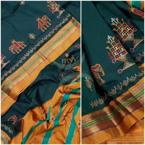 Leaf green with mustard border and pallu silk cotton kasuti embroidered Ilkal with Anne ambari  motif and traditional tope teni pallu . 