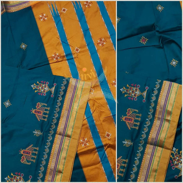 Teal blue with mustard border and pallu silk cotton kasuti embroidered Ilkal with Anne ambari  motif and traditional tope teni pallu . 