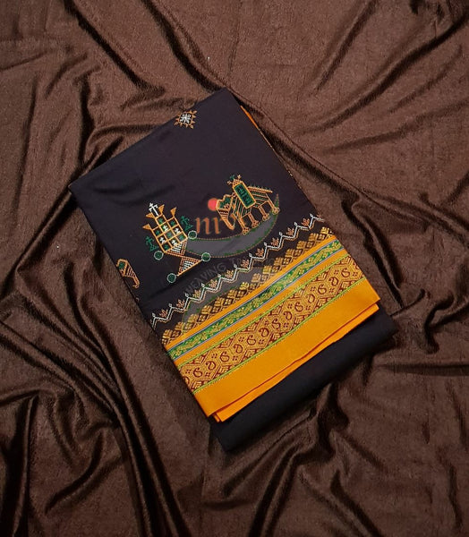 Brown with mustard border and pallu silk cotton kasuti embroidered Ilkal with Anne ambari  motif and traditional tope teni pallu . 
