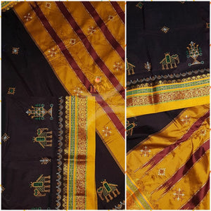 Brown with mustard border and pallu silk cotton kasuti embroidered Ilkal with Anne ambari  motif and traditional tope teni pallu . 
