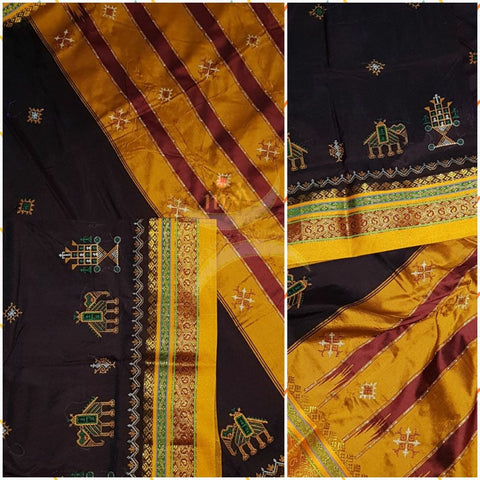 Brown with mustard border and pallu silk cotton kasuti embroidered Ilkal with Anne ambari  motif and traditional tope teni pallu . 