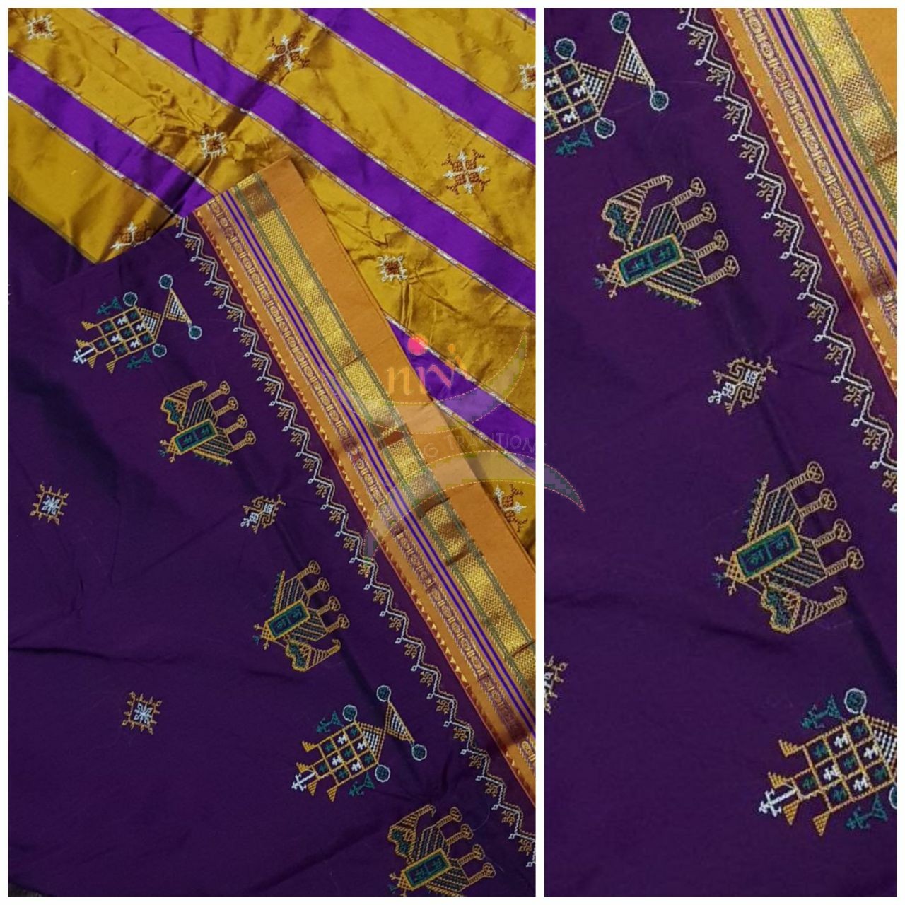 Purple with mustard border and pallu silk cotton kasuti embroidered Ilkal with Anne ambari  motif and traditional tope teni pallu . 