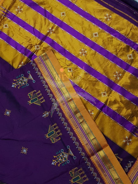 Purple with mustard border and pallu silk cotton kasuti embroidered Ilkal with Anne ambari  motif and traditional tope teni pallu . 