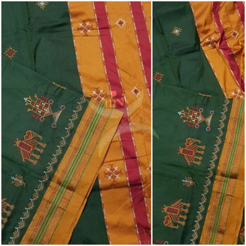 Mehendi green with mustard border and pallu silk cotton kasuti embroidered Ilkal with Anne ambari  motif and traditional tope teni pallu . 