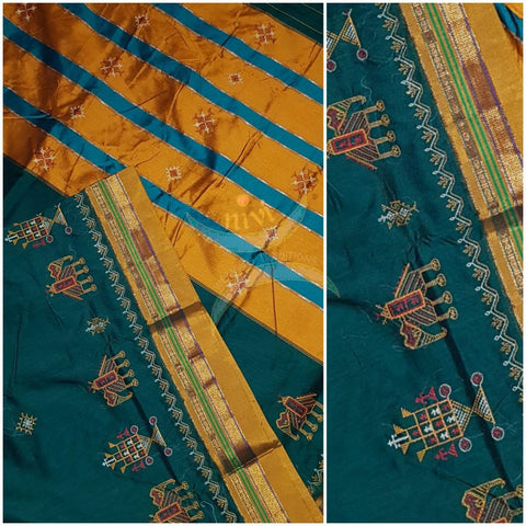 Teal blue with mustard border and pallu silk cotton kasuti embroidered Ilkal with Anne ambari  motif and traditional tope teni pallu . 