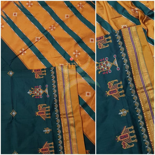 Green with mustard border and pallu silk cotton kasuti embroidered Ilkal with Anne ambari  motif and traditional tope teni pallu . 