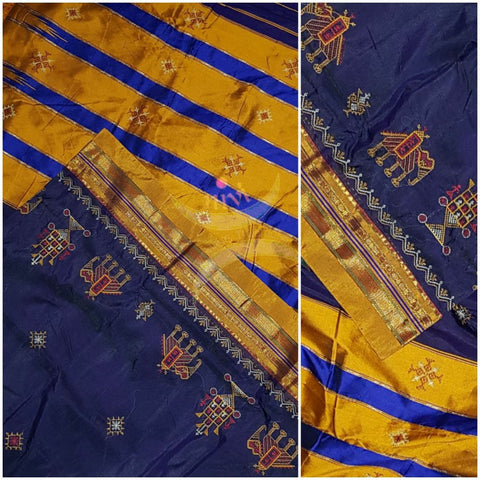 Blue shot purple with mustard border and pallu silk cotton kasuti embroidered Ilkal with Anne ambari  motif and traditional tope teni pallu . 