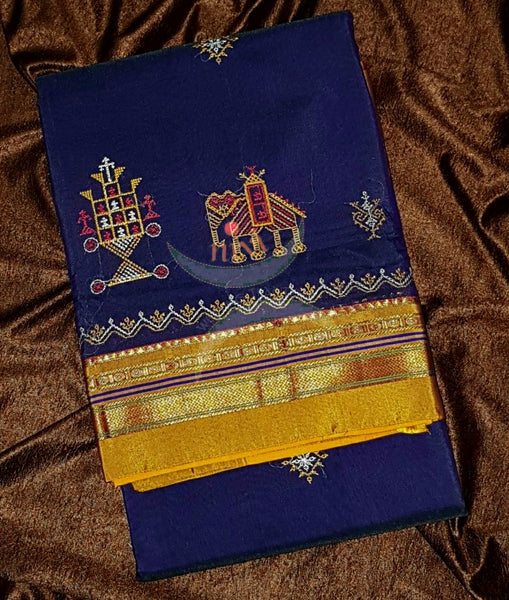 Blue shot purple with mustard border and pallu silk cotton kasuti embroidered Ilkal with Anne ambari  motif and traditional tope teni pallu . 