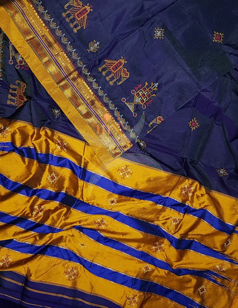 Blue shot purple with mustard border and pallu silk cotton kasuti embroidered Ilkal with Anne ambari  motif and traditional tope teni pallu . 