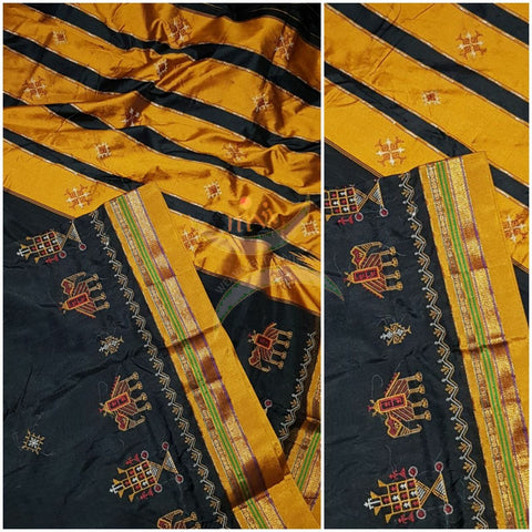 Black with mustard border and pallu silk cotton kasuti embroidered Ilkal with Anne ambari  motif and traditional tope teni pallu . 
