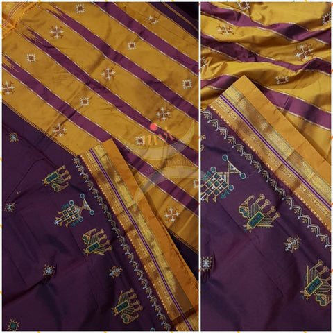 Maroon with mustard border and pallu silk cotton kasuti embroidered Ilkal with Anne ambari  motif and traditional tope teni pallu . 