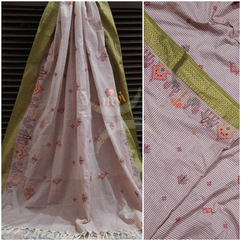 Grey checks with green border narayanpet cotton Kasuti embroidered duppata  with Traditional anne ambari gopura motifs.